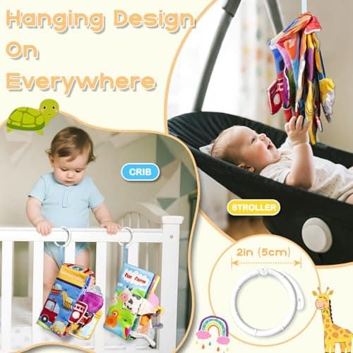 KIDS KING Soft Book Toys for Babies 0-18 Months, 2PCS Crinkle Cloth Books – Animals and Ocean Themes, Tails Sensory Book with Rings for Hang, Montessori Early Learning Infant Toy for 0-6-12-18 Month - Thumbnail 3