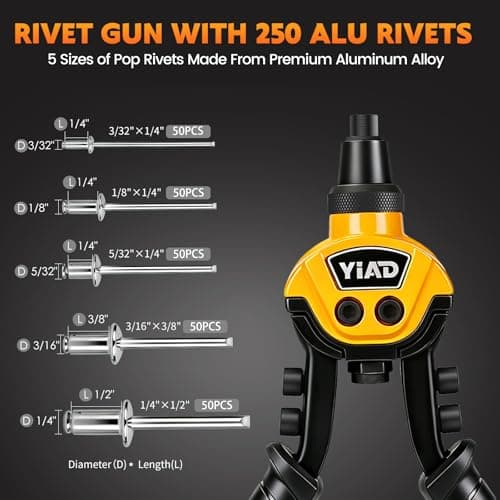 Heavy Duty Rivet Gun,Professional Pop Rivet Gun Kit with 250 Blind Rivets 10" Hand Riveter with 5 Free Interchangeable Rivet Heads 1/4 ",3/16", 1/8",3/32"Manual Riveting Tool for Metal,Gutter,Auto - Thumbnail 6