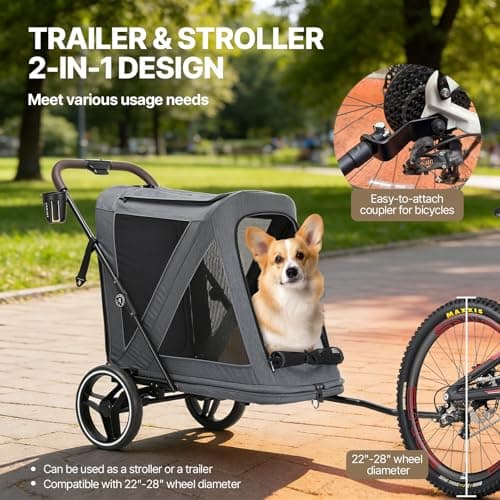 Beberoad Dog Stroller for Large Dogs, Pet Stroller Dog Bike Trailer 2-in-1, R7 All-Terrain ER Tires with Shock Absorption, One-Second Fold, 360° Mesh Windows, Detachable & Washable Waterproof Fiber - Thumbnail 3