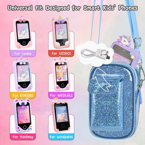 Tanmqin Kids Smart Phone Case for KOKODI/for Luyiilo/for Luoba/for Yosfeng/for WEOLULI and More, Glitter Powder Bag with Removable Shoulder Strap Fits Toddler Phone Data Cables SD Cards - Blue - Thumbnail 3