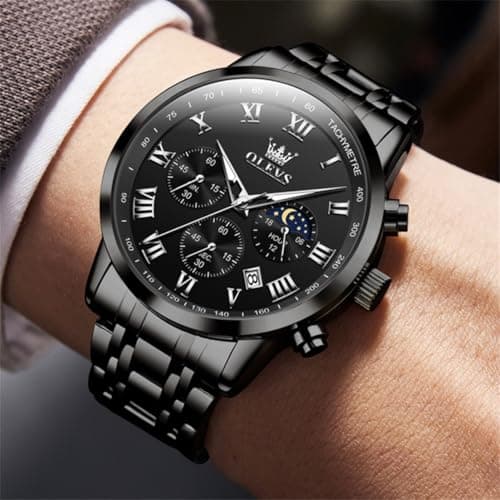 OLEVS Watch Men Luxury Black Watches for Men Dress Luminous Waterproof Analog Quartz Mens Watches with Date Fashion Stainless Steel Large Face Chronograph Moon Phase Classic Wrist Watch for Man - Thumbnail 2