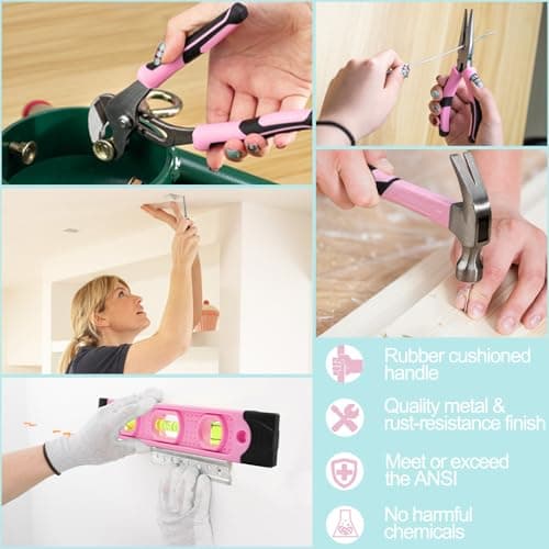 GOTOOLZ 269-Piece Home Tool Set, General Household Repairing Tool Kit with Storage Bag, Basic Hand Tool Kit Set for Home Maintenance, DIY and Crafts(Pink) - Thumbnail 6