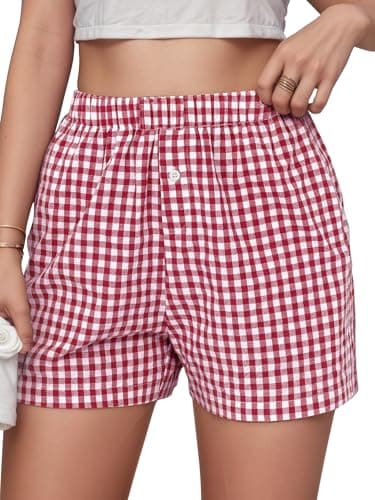 EXLURA Cotton Shorts for Women Summer Casual Lounge Beach Bottoms Pajama Plaid Boxer Shorts - Image 1