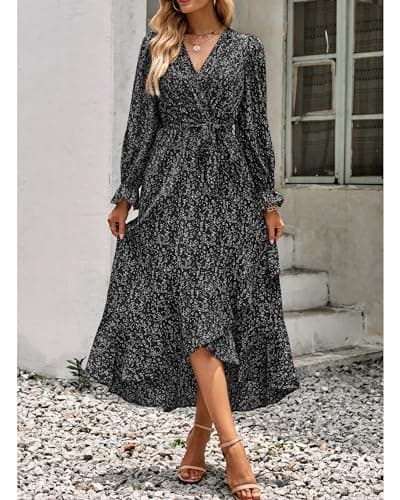 BTFBM Womens Dresses Spring Clothes 2026 V Neck Floral High Waist Ruffle Wedding Guest Cocktail Boho Long Sleeve Dress(Floral Black, X-Large) - Thumbnail 5