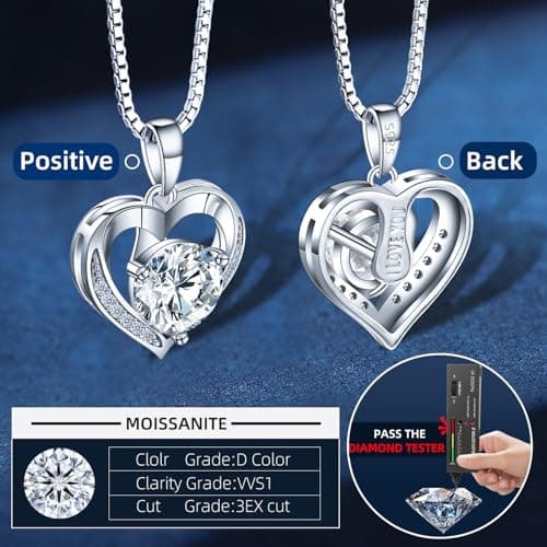 Kosuwo Moissanite Necklace for Women 1.0ct D Color,Heart Pendant Necklace Engraved with 'I LOVE YOU',Birthday Gift for Wife, Anniversary Present for Wife,Jewelry Gifts for Girlfriend, Mom - Thumbnail 5