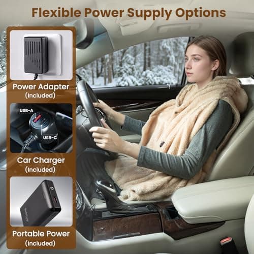 Bearbug Cordless Heated Blanket 50“ x 70", Portable Wearable Heated Blanket Shawl Hoodie Battery Operated, Car Charger, Dc Adapter, 3 Heating Level, Machine Washable, Brown - Thumbnail 4