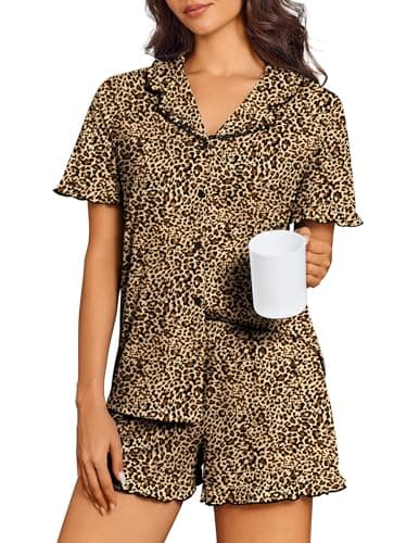 Ekouaer Womens Pajama Sets Button Down Leopard Short Sleeve Top and Shorts Cute Pjs Sets Sleepwear,XL - Image 1