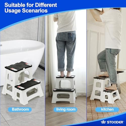 STOODER Folding 2-Step Stool - Upgraded Stable A-Frame, Safety Lock, Anti-Slip Rubber Feet, 300lb Capacity, No Assembly - 8" 17" Step Stools for Kitchen, Bathroom, Bed, RV, Home, Office (Panda) - Thumbnail 6