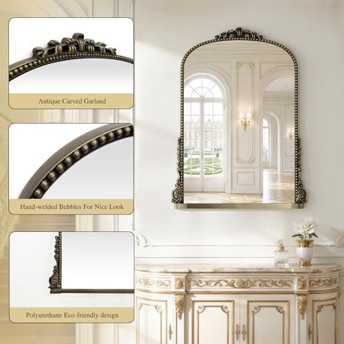 Vintage Bronze Arched Mirror - 40"x29" Large Matt Gold Antique Wall Mounted Mirror - Baroque Traditional Ornate for Entryway, Fireplace, Living Room, Hallway or Wall Decor (Upgrade Tempered Glass) - Thumbnail 5