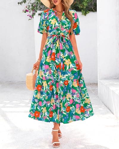 BTFBM Summer Dresses for Women 2026 Boho Short Sleeve V Neck Button Belt Flowy Spring Clothes Beach Vacation Maxi Dress(Floral Orange Green, X-Large) - Thumbnail 4