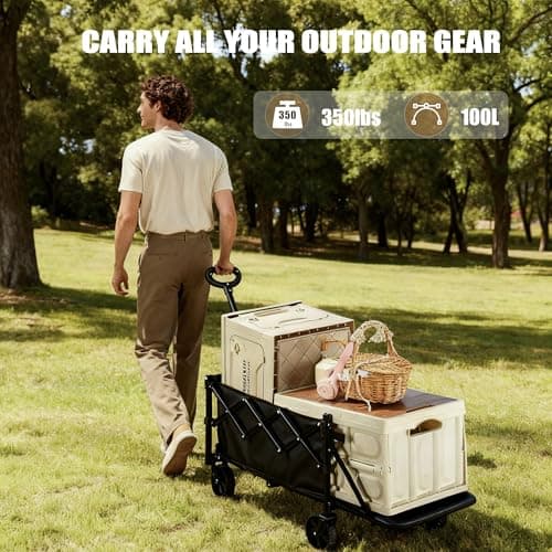 XMT 100L Folding Wagon Cart Push & Pull Beach, 350 lbs Weight Capacity Heavy Duty Folding Beach Wagons with Big All-Terrain Wheels & Drink Holders for Groceries, Shopping, Camping, Sports - Black - Thumbnail 2