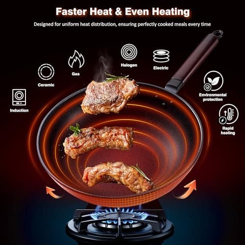 Teewe Carbon Steel Wok -13 Inch Woks & Stir-fry Pans Nonstick, Wok Pan with Lid Spatula and Dish Brush: Pre-Seasoned Flat Bottom Chinese Woks for Induction, Electric, Gas, All Stoves - Thumbnail 2