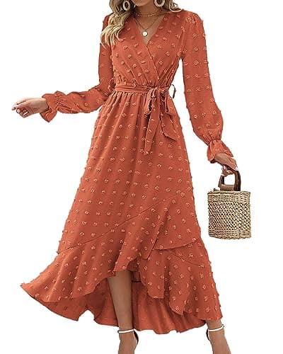 BTFBM Long Sleeve Maxi Dresses for Women V Neck Swiss Dot Boho Flowy Slit Cocktail Wedding Guest Dress Fall Clothes 2025(Orange, X-Large) - Image 1