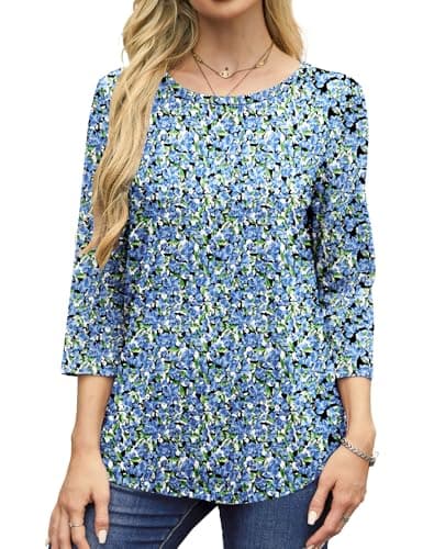 NORACORA Women's 3/4 Length Sleeve Crew Neck T-Shirt - Printed Casual Basic Tops Blue Floral - Thumbnail 2