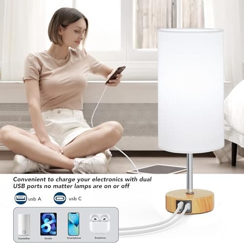 ROTTOGOON 12.8" Touch Control Table Lamp, 3-Way Dimmable Small Bedside Nightstand Lamp with 2 USB Ports, Modern Table Lamp with 5000K Daylight LED Bulb for Living Room (2 Pack) - Thumbnail 4