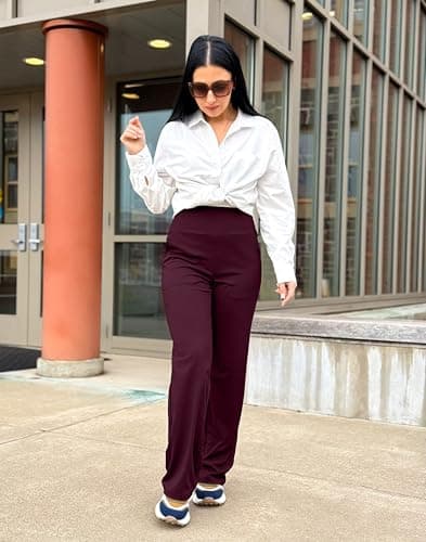 G Gradual Women's Yoga Pants Wide Leg with Pockets High Waist Stretch Loose Casual Lounge Sweatpants Petite/Regular/Tall (Wine, Inseam 30, XL) - Thumbnail 2