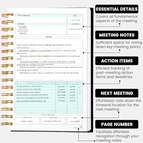 Meeting Notebook for Work with Action Items 5.5×8.5 Hardcover Spiral Meeting Planner for Office Business Meeting Work Notes Notebooks for Note Taking Professional Meeting Notebooks for Men Women,Black - Thumbnail 2
