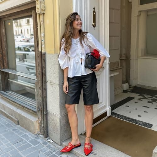 Grakihily Buckle Flats for Women Pointy Toe Wide Welt Buckled Mules Low Block Heel Slippers Mary Jane Shoes Comfortable Ballerina Flats - Thumbnail 3