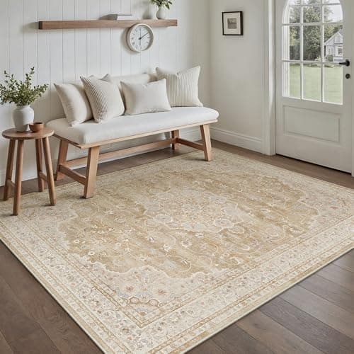 HUGEAR Machine Washable Area Rugs 3x5 Vintage Beige Brown Living Room Rug Neutral Style Non Slip Stain Resistant Low Pile Throw Carpet for Office Home Retro Aesthetic Modern Decor - Image 1