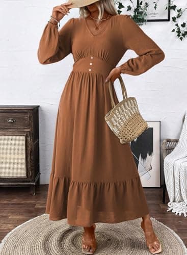 Dokotoo Womens Dresses Sexy V Neck Dresses for Women 2025 Elegant Classy Trendy Long Sleeve Solid Color Italian Dress Tiered Maxi Dress Ruffle A-Line Boho Beach Vacation OutifitsXX-Large - Thumbnail 5