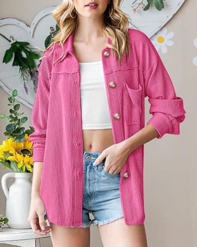 PRETTYGARDEN Women's Button Down Shirts 2026 Spring Long Sleeve Textured Tops Oversized Shacket Jacket Knit Blouses(Rose Red,Small) - Thumbnail 2