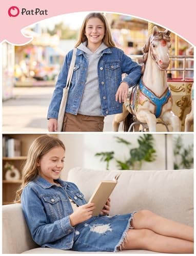PATPAT Girl's Basic Denim Jacket with Flap Pocket Button Light Blue，7-8Y - Thumbnail 4