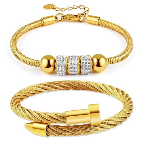 LCTrusttmor Gahna 18K Gold Plated Bangle Bracelet for Women, Non-Tarnish Stackable Nail Bracelets Set, Dainty Adjustable Cubic Zirconia Snake Chain With Beaded, Trendy Jewelry Mother's Day Birthday Gifts for Lover Mom Her - Image 1