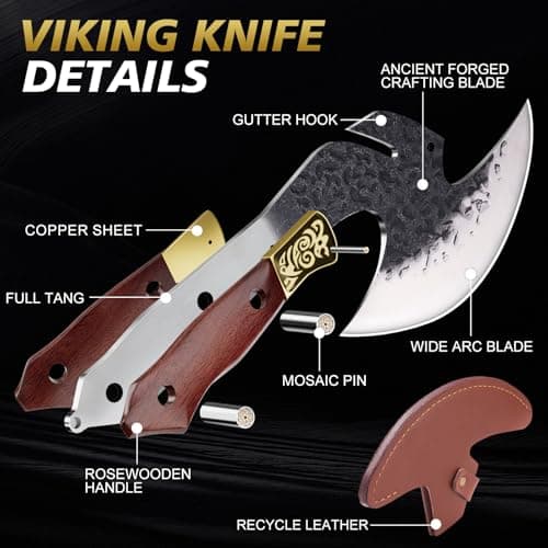 Hand Forged Viking Knife Axe, 6.2" Meat Cleaver with Sheath, Red Sandalwood & Copper Handle Boning Knife for Meat Cutting, High Carbon Steel Butcher Knife Home Outdoor BBQ Camping Gifts for Men Dad - Thumbnail 3