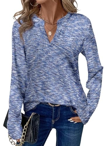 Dokotoo Spring Tops for Women 2026 Womens Long Sleeve V Neck Waffle Knit Tops Henley Shirts Women Blouses Dressy Casual Business Casual Outfits Fashion Clothing Baby Blue Tops Trendy XXL - Image 1