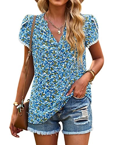 PRETTYGARDEN Women's Shirts Summer Casual Crewneck Lace Crochet Short Sleeve Blouses Cute Floral Print Loose Tunic Tops(Floral Blue,XX-Large) - Image 1