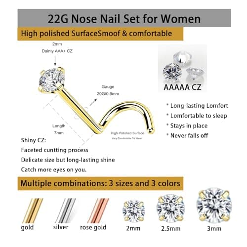 Koariya nose ring 18G and 20G nose nail set for men and women, anti allergic 316L medical grade stainless steel spiral nose nail, nose screw bone 2/2.5/3mm zircon perforated jewelry 15 pieces (three color gift box set) - Thumbnail 4