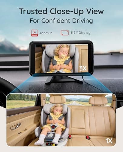 Babyvue Wireless Baby Car Camera, Easy 2-Step Setup, 5.2" Display, 1080P HD IR Night Vision, Clip-On or Strap Mount, 3X Zoom, Back Seat Camera for Baby - Thumbnail 4