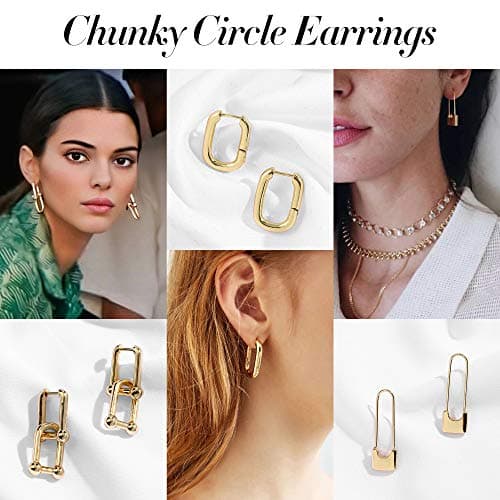 Sloong 14k Gold Plated Chunky Link Chain Square Hoop Earrings Paperclip Link Chain Jewelry Drop Dangle Earrings set for women - Thumbnail 3