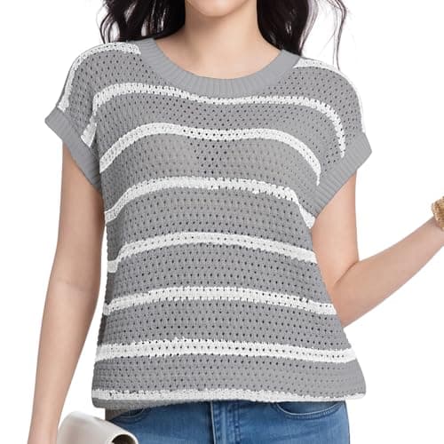 Womens Sweater Vest Round Neck Striped Short Sleeve Sweater Tops Casual Trendy Spring Fall Clothes(Grey+White Stripe,Small) - Image 1