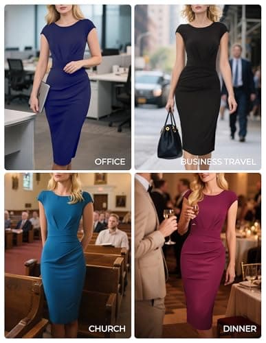 GRACE KARIN Women's Work Office Dress 2025,Business Pencil Bodycon Midi Dress,Church Vintage Sheath Ruched Dresses Apricot XL - Thumbnail 2