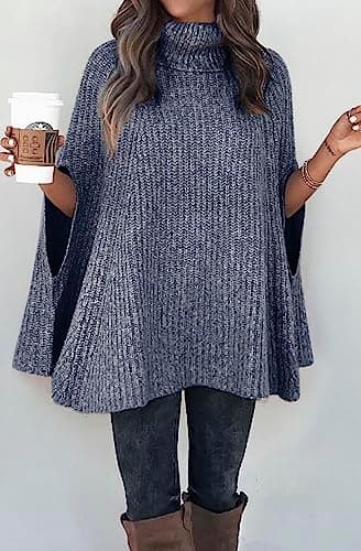 KIRUNDO Women's 2026 Fall Winter Turtleneck Poncho Sweater Fashion Chunky Knit Cape Wrap Sweaters Pullover Jumper Tops(Grey Blue, Small) - Thumbnail 4