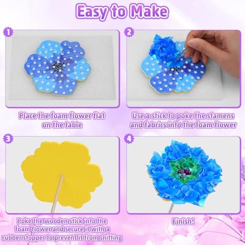 MPQMPQ Poke in Flower Art Bouquet Kit, 800+PCS Fabric Bouquets Toys with 8 Flowers & 2 Butterflies & 1 Wooden Vase, DIY Flower Making kit, Arts and Crafts for Kids Ages 6-12, Girl Birthday Gift Ideas - Thumbnail 6