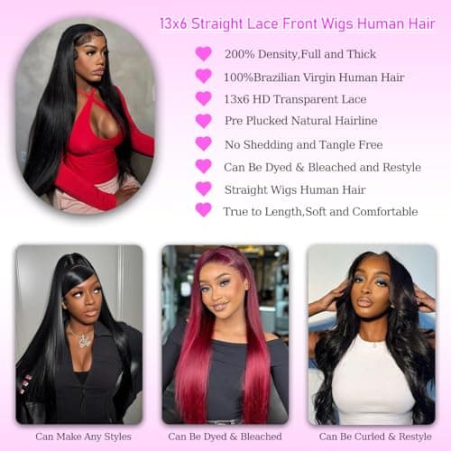 RUNBUY 26Inch Straight Wigs Human Hair 13x6 Real frontal Wig 220 Density HD Lace Front Wigs Human Hair Pre Plucked Straight Human Hair Wig for Women Natural Black No Synthetic Fiber True to Length - Thumbnail 6