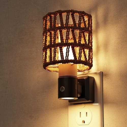 L LOHAS LED Night Lights Plug into Wall, Cylindrical Ironwork Boho Lampshade Decor Night Light, 350° Rotatable Dusk to Dawn Sensor Vintage Nightlight, Dimmable for Bedroom Living Room Hallway - Image 1