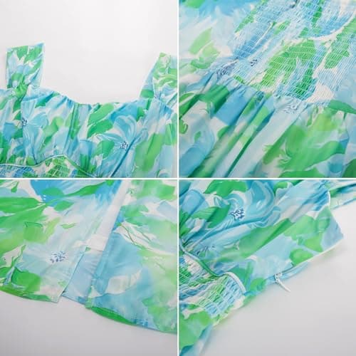 2025 Women's Summer Sleeveless Off Shoulder Floral Flowy A Line Maxi Dresses Blue Green L - Thumbnail 5