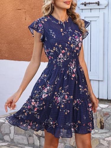 Caracilia Women Summer Casual Floral Flutter Short Sleeve A-Line Flowy Lined Boho Wedding Guest Tea Party Vacation Dresses Floral Navy Blue Large - Thumbnail 2