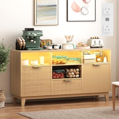 GlouMod 58" Coffee Bar Cabinet with Storage and Drawers, Large Sideboard Buffet Cabinet with Charging Station, Adjustable Lighting, 2 Doors and Open Shelves, Fluted Panel, Natural Oak - Image 1