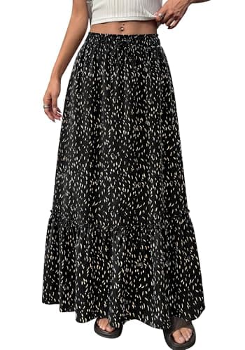 BTFBM Womens Boho Maxi Skirt 2026 Summer Floral High Waisted Flowy Tiered Long Spring Beach Vacation Skirts Pockets(Black, Small) - Image 1