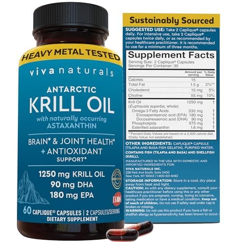 Viva Naturals Antarctic Krill Oil Omega 3 Supplements 1250 mg - DHA EPA Omega-3 & Astaxanthin Concentration for Joint Health, No Fish Burp - 60 Krill Oil Capsules - Image 1
