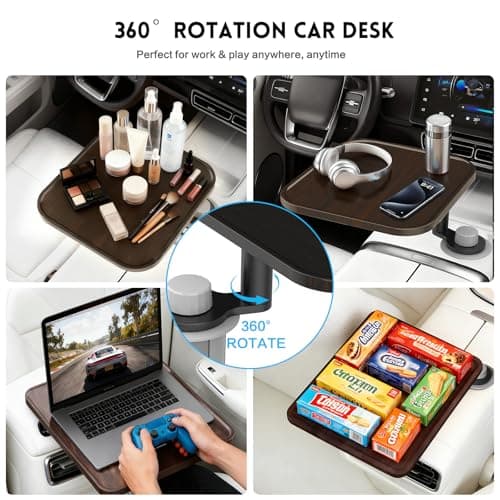 360° Rotation Car Desk for Laptop, Height-Adjustable Cup Holder Table, Wooden Car Food Tray & Laptop Mount Compatible with Tesla Model Y/3/S, Ford F150/Explorer/Maverick & Most Vehicles (Dark Walnut) - Thumbnail 5