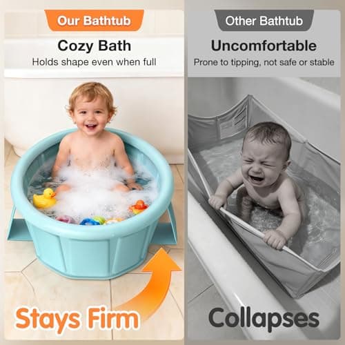 Baby Bathtub with Inflatable Top Edge, Extra Stable Infant Bath Tub, Collapsible & Portable for Baby Bath Time, No Tilt Design for 12M-6Y Newborn, No Assembly for Travel Shower - Thumbnail 2