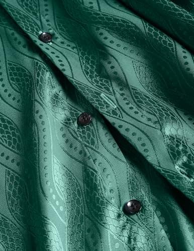 ZAFUL Mens Luxury Jacquard Long Sleeve Dress Shirt Button Down Shiny Satin Slik Wedding Party Shirts Green M - Thumbnail 4