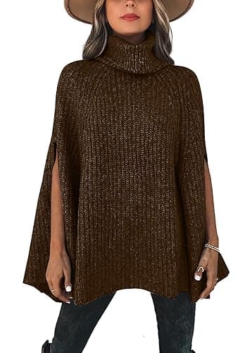 KIRUNDO Women's 2026 Fall Winter Turtleneck Poncho Sweater Fashion Chunky Knit Cape Wrap Sweaters Pullover Jumper Tops(Dark Coffee, X-Large) - Image 1