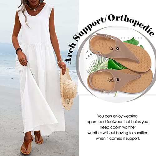 Athlefit Women's Comfortable Orthopedic Sandals Thong Dressy T-Strap Orthotic Casual Summer Arch Support Khaki Sandals size 8 - Thumbnail 4
