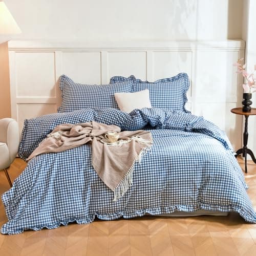 Hailyuwl 100% Cotton Gingham Duvet Cover Set Queen Size with Ruffle Trim, Washed Cotton Soft Small Checkered Grid Bedding Sets, Breathable Vintage Farmhouse Bedroom Decor 3 Pieces Blue, 90"x90" - Image 1